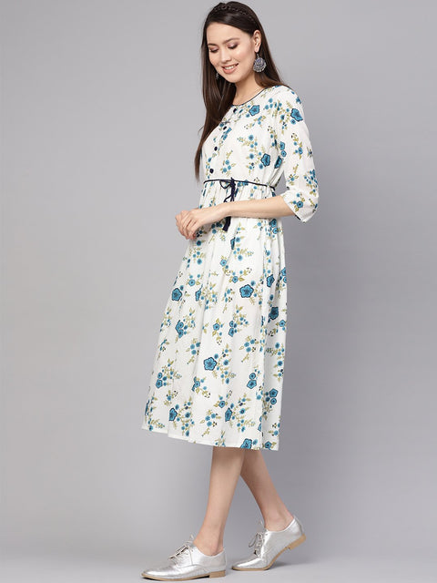 Women White & Blue Printed A-Line Dress
