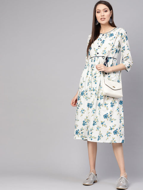 Women White & Blue Printed A-Line Dress