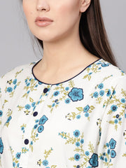 Women White & Blue Printed A-Line Dress