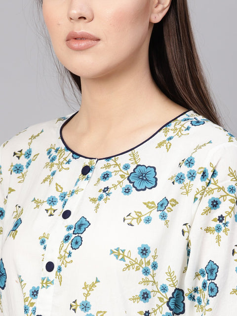 Women White & Blue Printed A-Line Dress