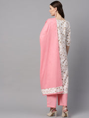 White Printed 3/4th sleeve Kurta with Solid baby pink palazzo & Dupatta