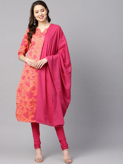 Women Peach-Coloured & Pink Printed Kurta with Churidar & Dupatta