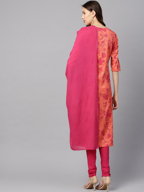 Women Peach-Coloured & Pink Printed Kurta with Churidar & Dupatta