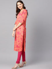 Women Peach-Coloured & Pink Printed Kurta with Churidar & Dupatta