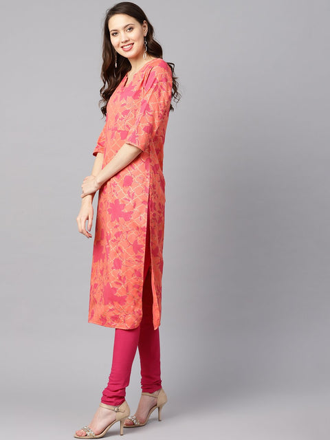 Women Peach-Coloured & Pink Printed Kurta with Churidar & Dupatta