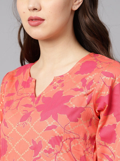 Women Peach-Coloured & Pink Printed Kurta with Churidar & Dupatta