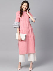 Light Pink Kurta with Pleated Neckline with Flared Sleeves