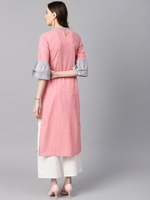 Light Pink Kurta with Pleated Neckline with Flared Sleeves