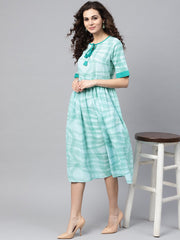 Sky blue printed round neck with keyhole half sleeve dress