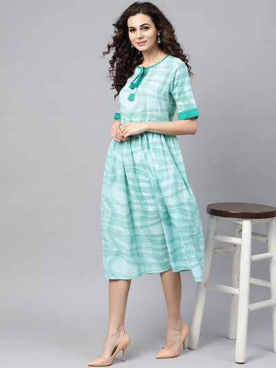 Sky blue printed round neck with keyhole half sleeve dress