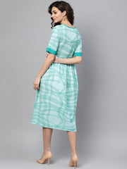 Sky blue printed round neck with keyhole half sleeve dress