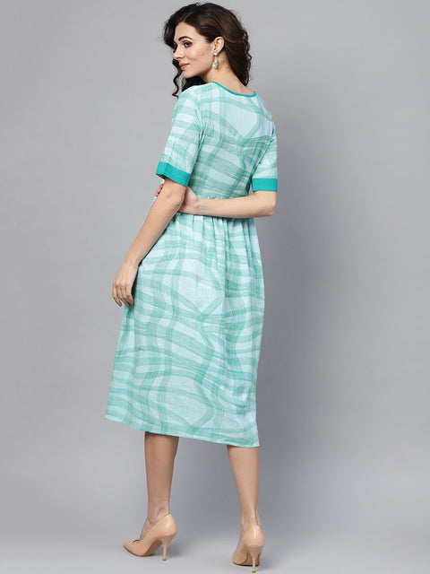 Sky blue printed round neck with keyhole half sleeve dress
