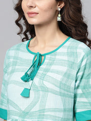 Sky blue printed round neck with keyhole half sleeve dress