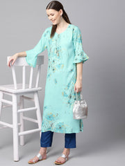 Sky blue floral foil printed round neck with V-slit and tassels detailing flared sleeve straight kurta