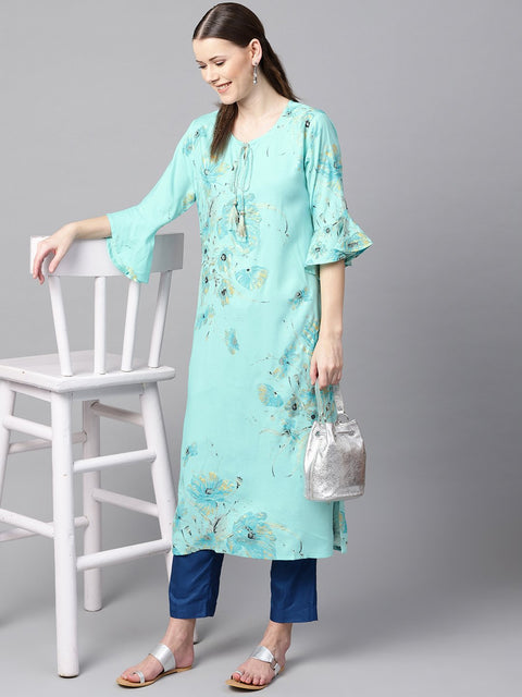Sky blue floral foil printed round neck with V-slit and tassels detailing flared sleeve straight kurta