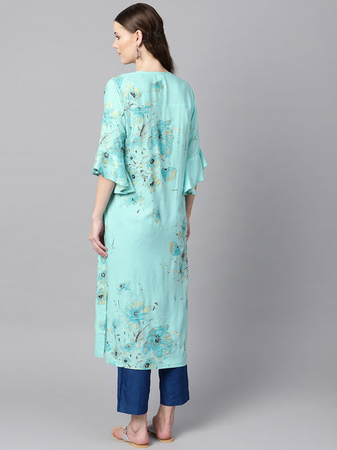 Sky blue floral foil printed round neck with V-slit and tassels detailing flared sleeve straight kurta