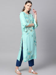 Sky blue floral foil printed round neck with V-slit and tassels detailing flared sleeve straight kurta
