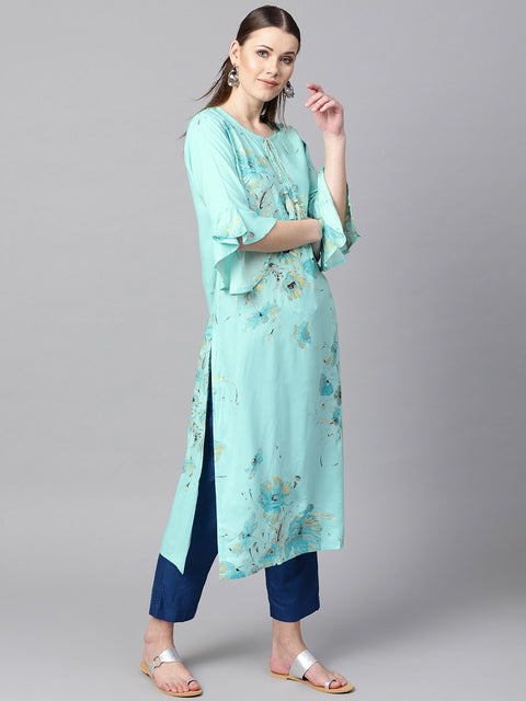 Sky blue floral foil printed round neck with V-slit and tassels detailing flared sleeve straight kurta