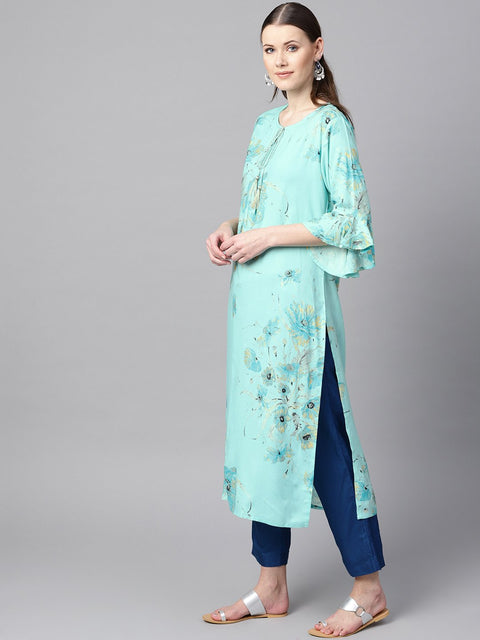 Sky blue floral foil printed round neck with V-slit and tassels detailing flared sleeve straight kurta