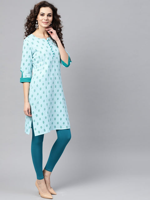 Sky blue Round neck with button detailing 3/4th sleeve kurta