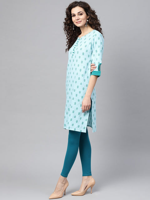 Sky blue Round neck with button detailing 3/4th sleeve kurta
