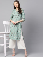 Green kantha floral gold print 3/4th sleeve chinese collar with button and cuff detailing kurta.