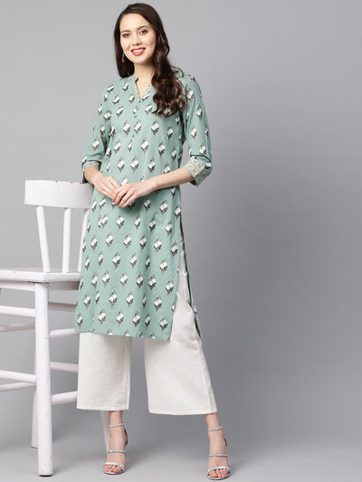 Green kantha floral gold print 3/4th sleeve chinese collar with button and cuff detailing kurta.