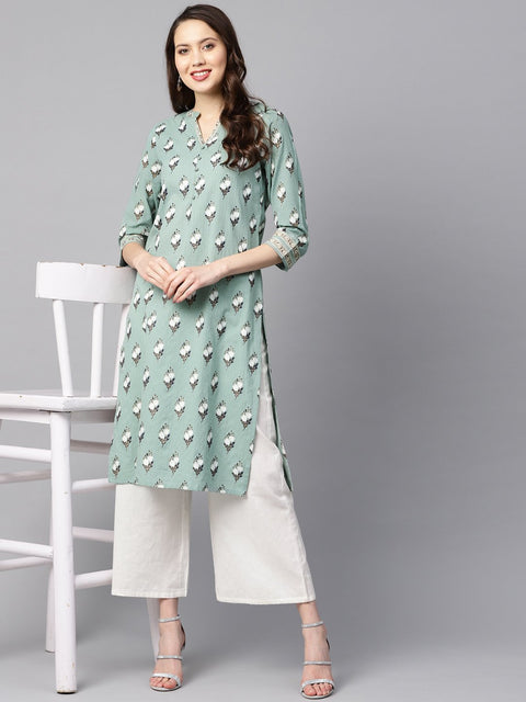 Green kantha floral gold print 3/4th sleeve chinese collar with button and cuff detailing kurta.