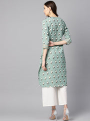 Green kantha floral gold print 3/4th sleeve chinese collar with button and cuff detailing kurta.