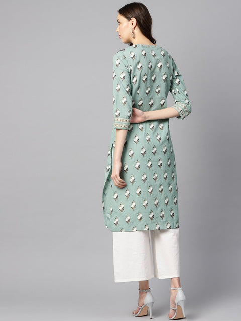 Green kantha floral gold print 3/4th sleeve chinese collar with button and cuff detailing kurta.