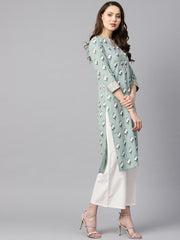 Green kantha floral gold print 3/4th sleeve chinese collar with button and cuff detailing kurta.