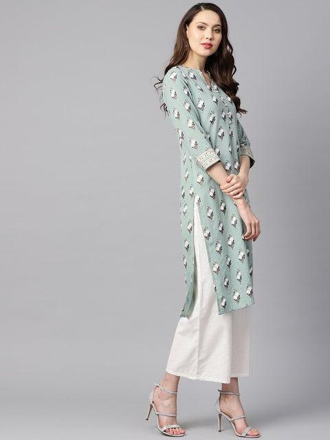 Green kantha floral gold print 3/4th sleeve chinese collar with button and cuff detailing kurta.