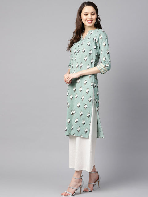 Green kantha floral gold print 3/4th sleeve chinese collar with button and cuff detailing kurta.