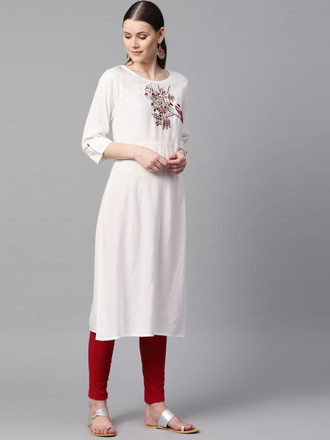 White color solid round neck a-line kurta with embroidered yoke.