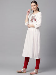 White color solid round neck a-line kurta with embroidered yoke.