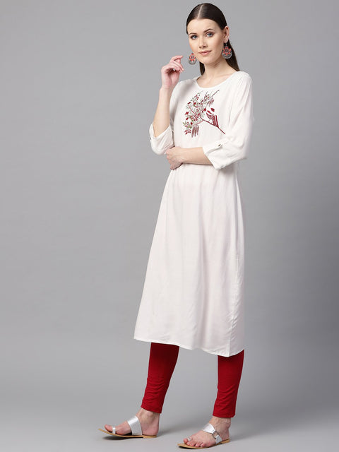 White color solid round neck a-line kurta with embroidered yoke.