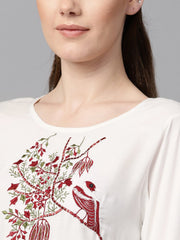 White color solid round neck a-line kurta with embroidered yoke.