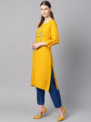 Mustard yellow round neck embroidered kurta with cuff and loop detailing sleeves.