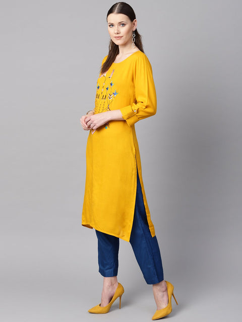 Mustard yellow round neck embroidered kurta with cuff and loop detailing sleeves.
