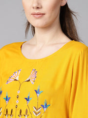 Mustard yellow round neck embroidered kurta with cuff and loop detailing sleeves.