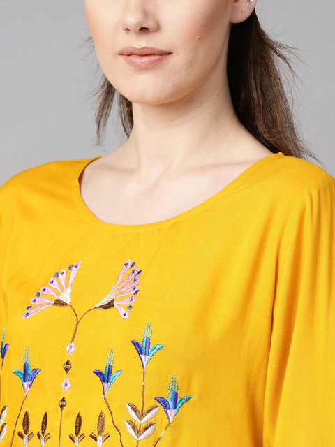 Mustard yellow round neck embroidered kurta with cuff and loop detailing sleeves.