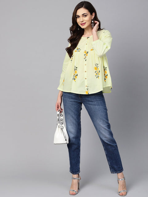 Lemon Yellow color floral printed tunic