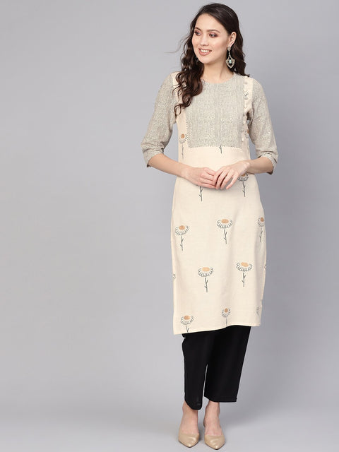 Women Off-White & Black Printed Kurta with Trousers