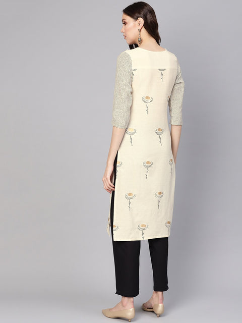 Women Off-White & Black Printed Kurta with Trousers
