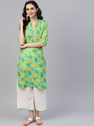 Fluorescent Green & Blue Floral Printed Kurta Set with White Palazzo with Print Detailing