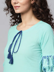 Light Blue Straight Kurta with Key Hole Neck & printed Detailed sleeves