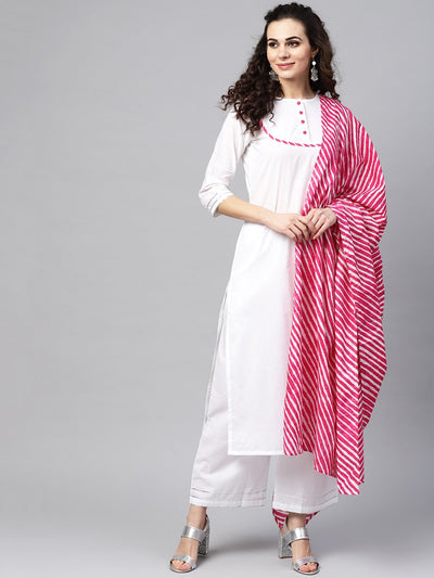 White Kurta Set With Palazzo &  cotton Megenta Lehriya dupatta