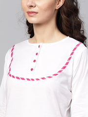 White Kurta Set With Palazzo &  cotton Megenta Lehriya dupatta