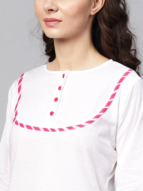 White Kurta Set With Palazzo &  cotton Megenta Lehriya dupatta