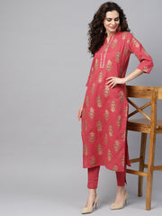 Pink Gold printed Straight Kurta Set & Pants Embellished with Gotta